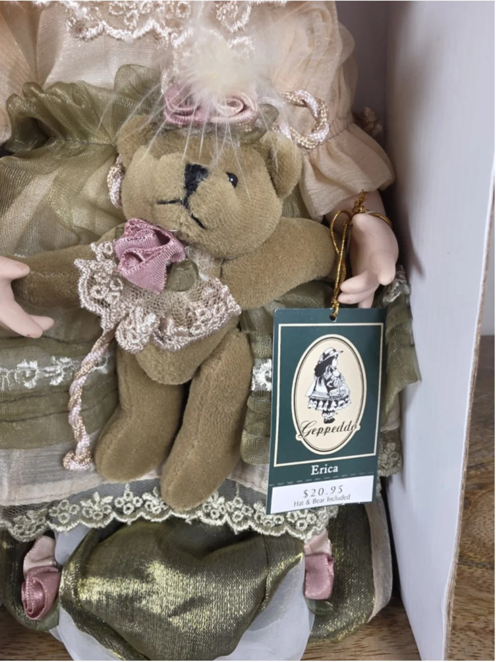VTV Geppeddo Erica Porcelain Doll Teddy Bear Hat Original Box Tag 11